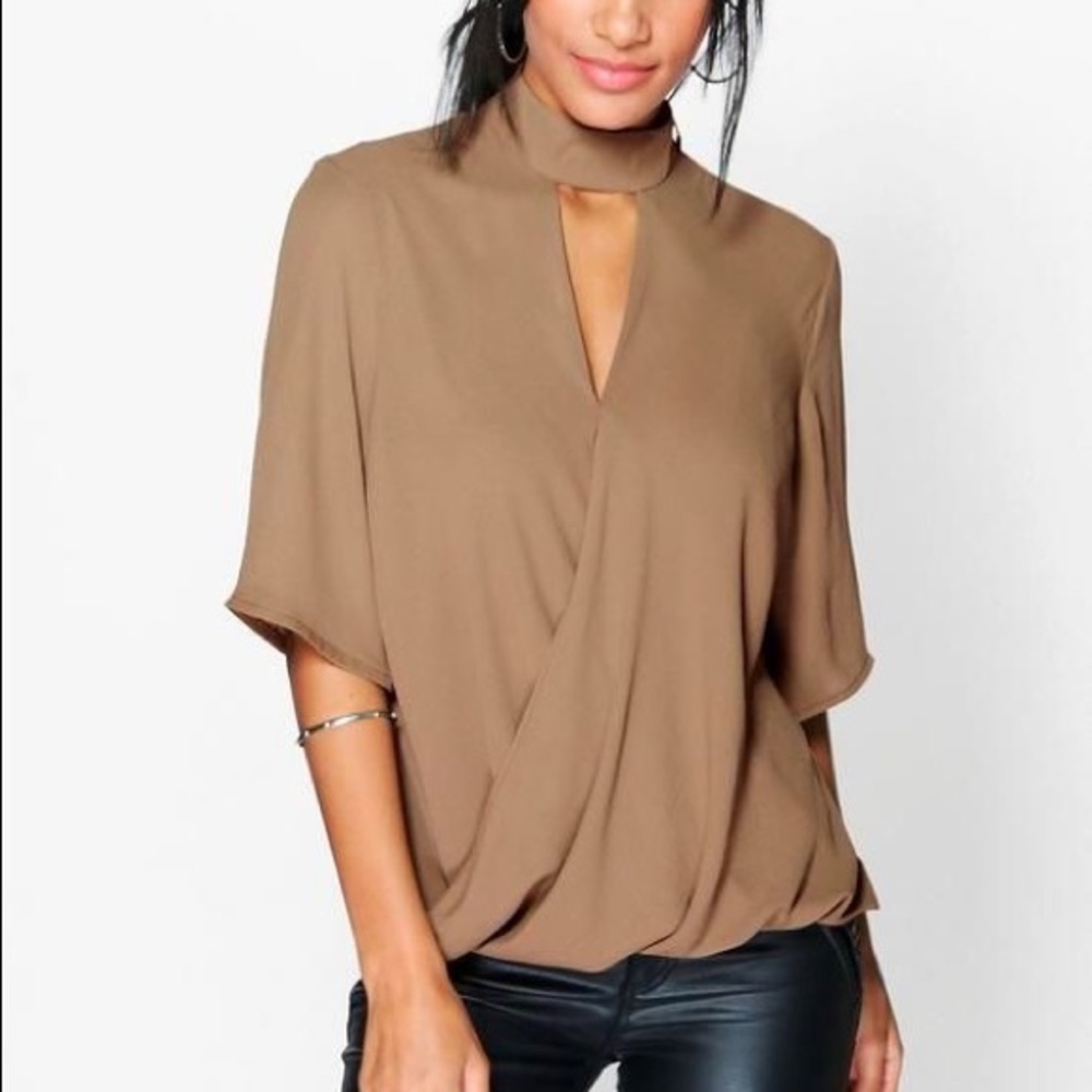 High neck cut out choker wrap front blouse - Olive